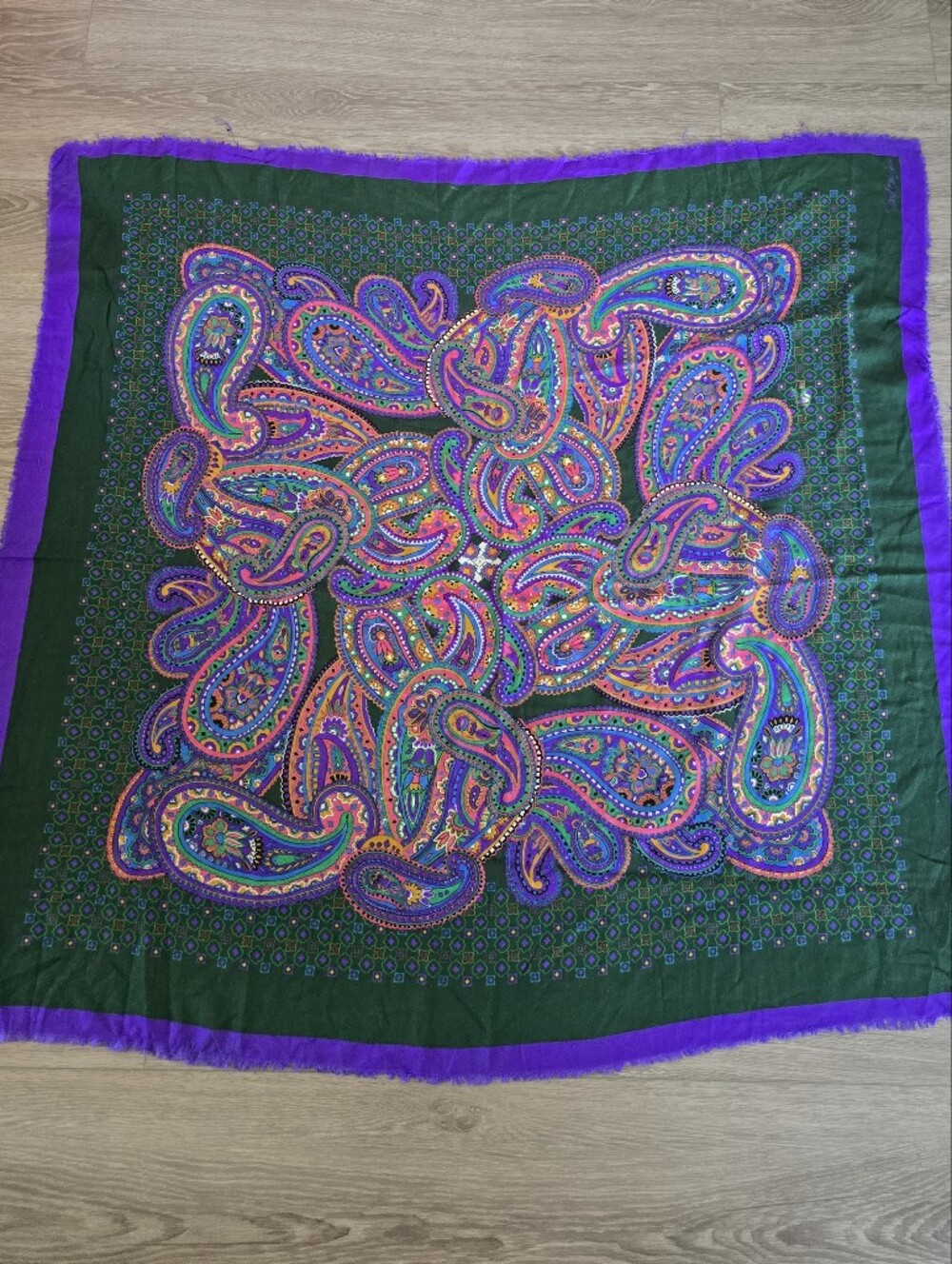 Vintage David Benjamin Paisley Fringe Square Scarf Green Purple Jewel Tone